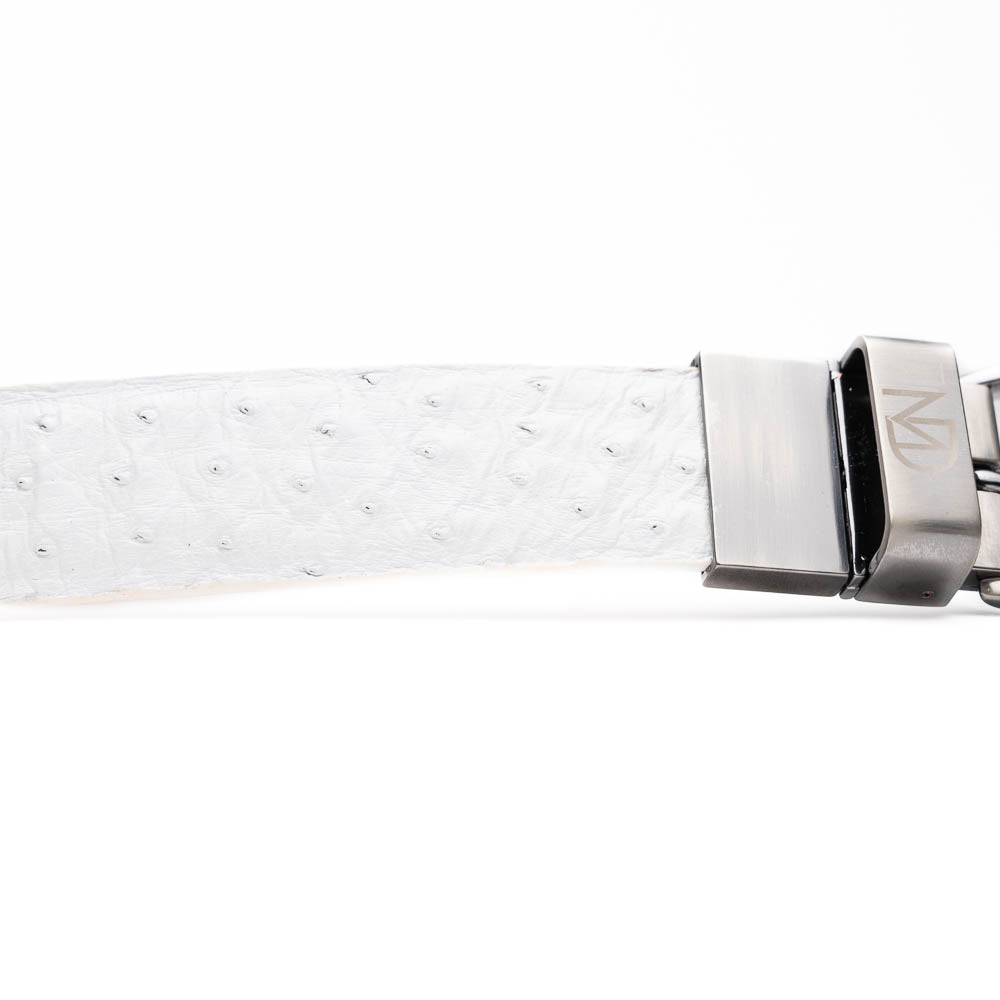 The Domenico Belt White by Marco Di Milano is a white leather belt with a silver buckle, subtle ostrich-inspired texture, and embossed Marco Di Milano branding on the strap and buckle.