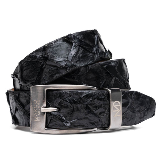 The Olivieri Belt Black by Marco Di Milano is a textured genuine pirarucu belt with a silver buckle, featuring the brand's logo—a refined accessory that pairs seamlessly with Marco Di Milano luxury footwear.