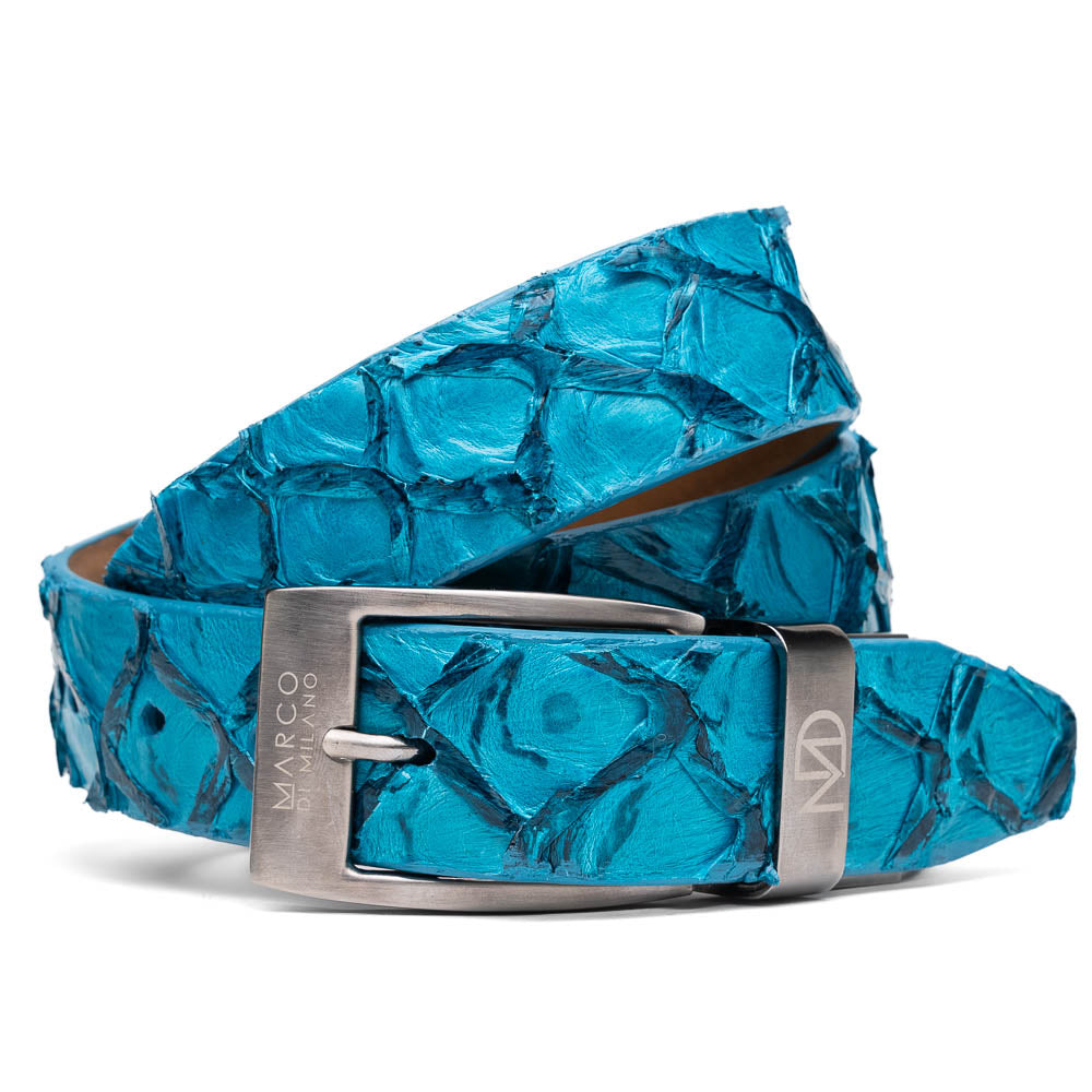 The Olivieri Belt Caribbean Blue by Marco Di Milano, made from genuine pirarucu with a textured turquoise finish and a silver logo buckle, is shown coiled on a white background.