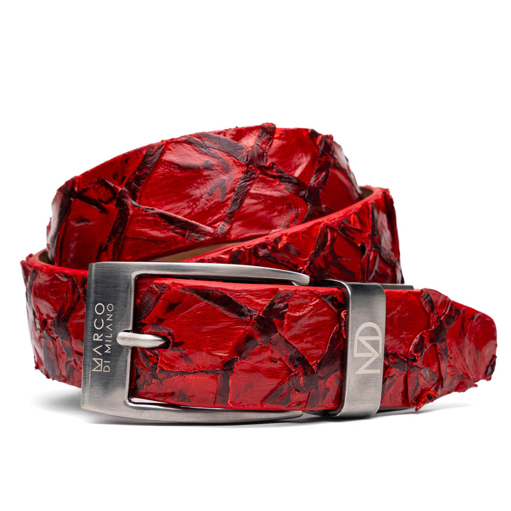 The Olivieri Belt Red by Marco Di Milano features textured genuine pirarucu leather and a metallic buckle with engraved branding, coiled on a white background—a signature accessory from this renowned luxury brand.