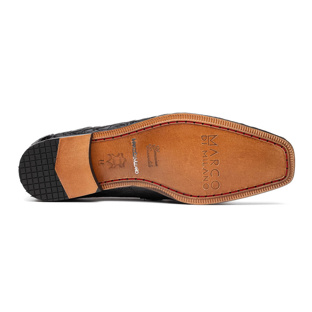 The Fabro-Tin Brown loafers by Marco Di Milano feature dark brown genuine alligator leather, metal bit detail, tan leather soles, and square toes—a true statement in luxury men's footwear.