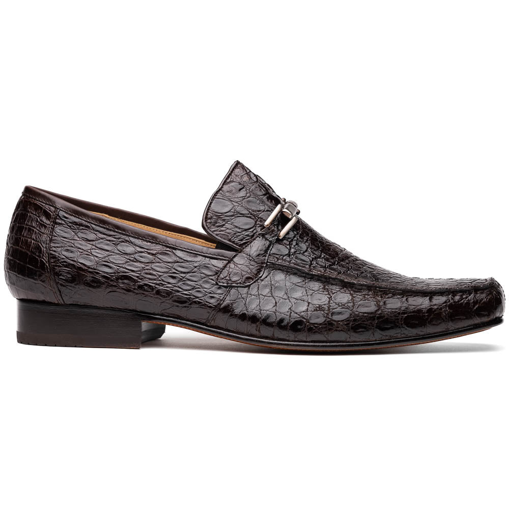 The Fabro-Tin Brown loafers by Marco Di Milano feature dark brown genuine alligator leather, metal bit detail, tan leather soles, and square toes—a true statement in luxury men's footwear.