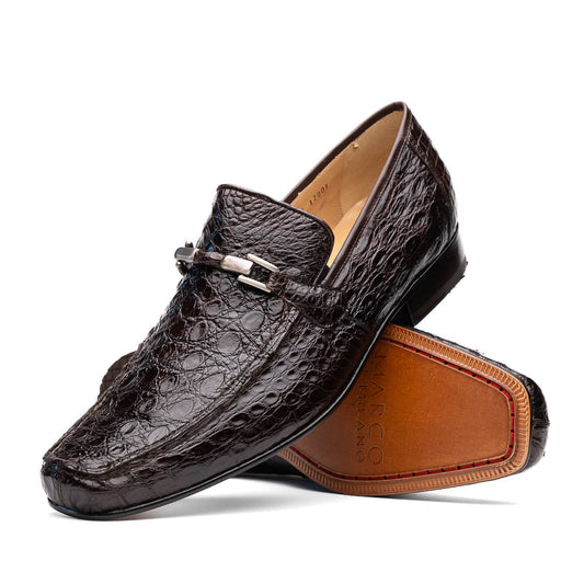 The Fabro-Tin Brown loafers by Marco Di Milano feature dark brown genuine alligator leather, metal bit detail, tan leather soles, and square toes—a true statement in luxury men's footwear.