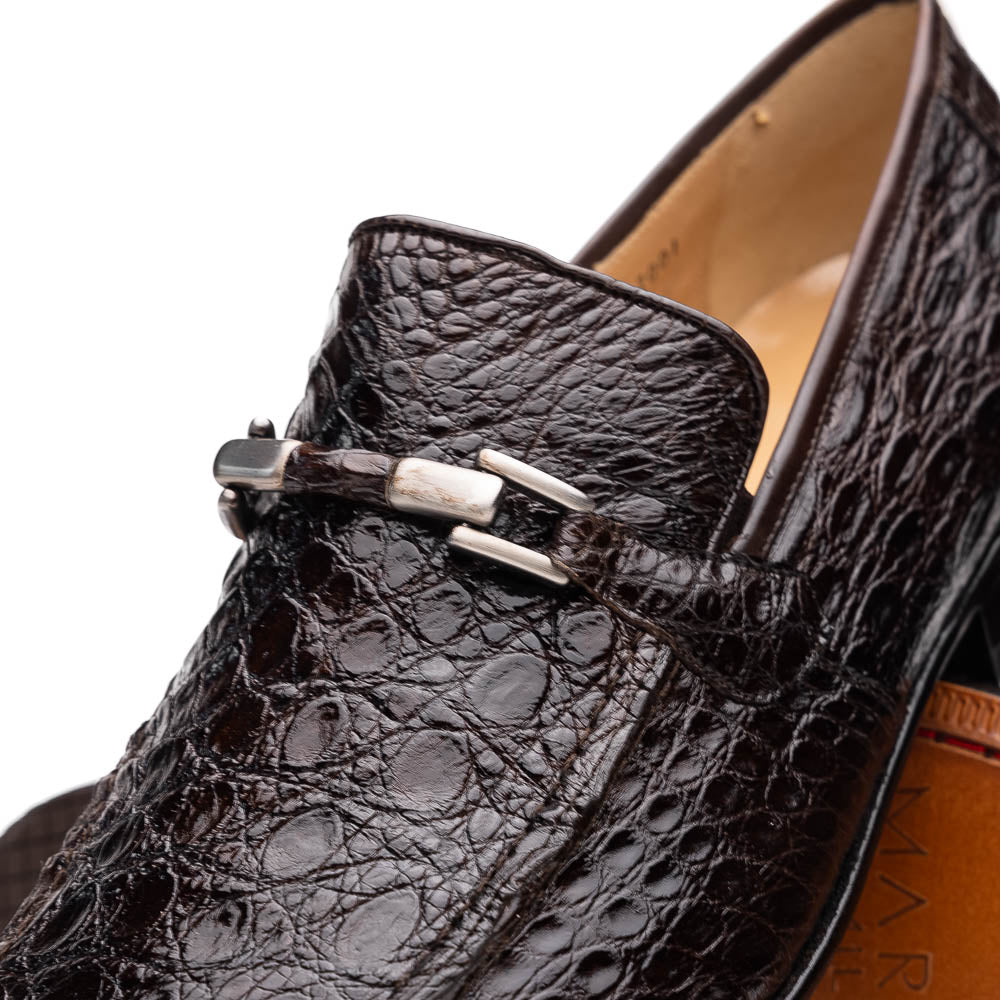 The Fabro-Tin Brown loafers by Marco Di Milano feature dark brown genuine alligator leather, metal bit detail, tan leather soles, and square toes—a true statement in luxury men's footwear.