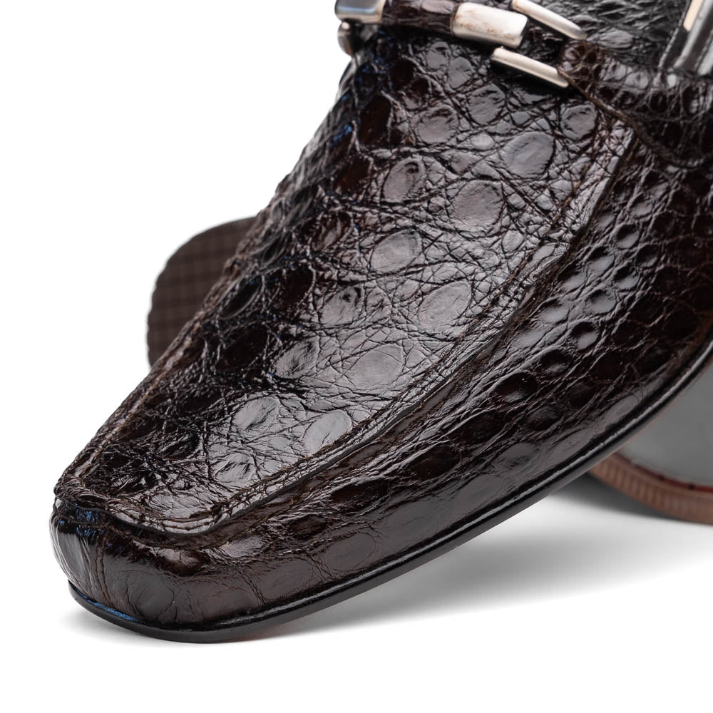 The Fabro-Tin Brown loafers by Marco Di Milano feature dark brown genuine alligator leather, metal bit detail, tan leather soles, and square toes—a true statement in luxury men's footwear.