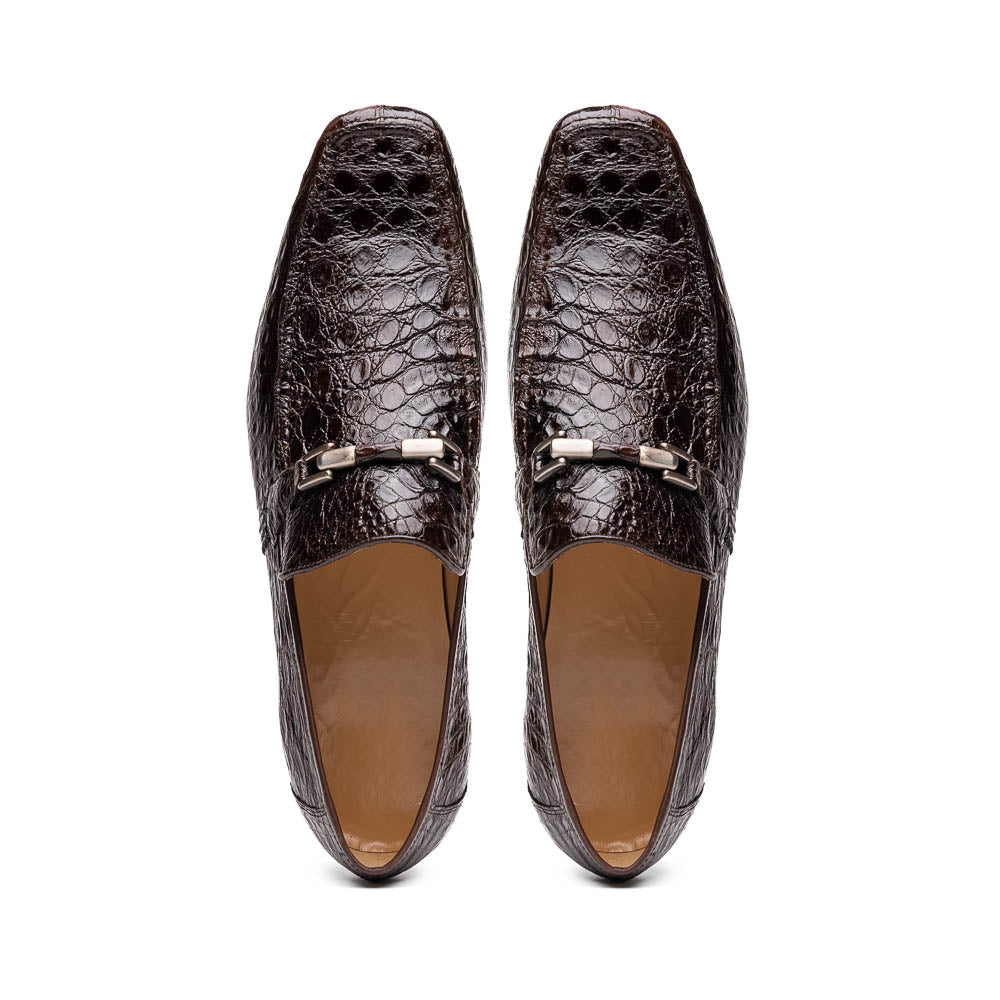 The Fabro-Tin Brown loafers by Marco Di Milano feature dark brown genuine alligator leather, metal bit detail, tan leather soles, and square toes—a true statement in luxury men's footwear.