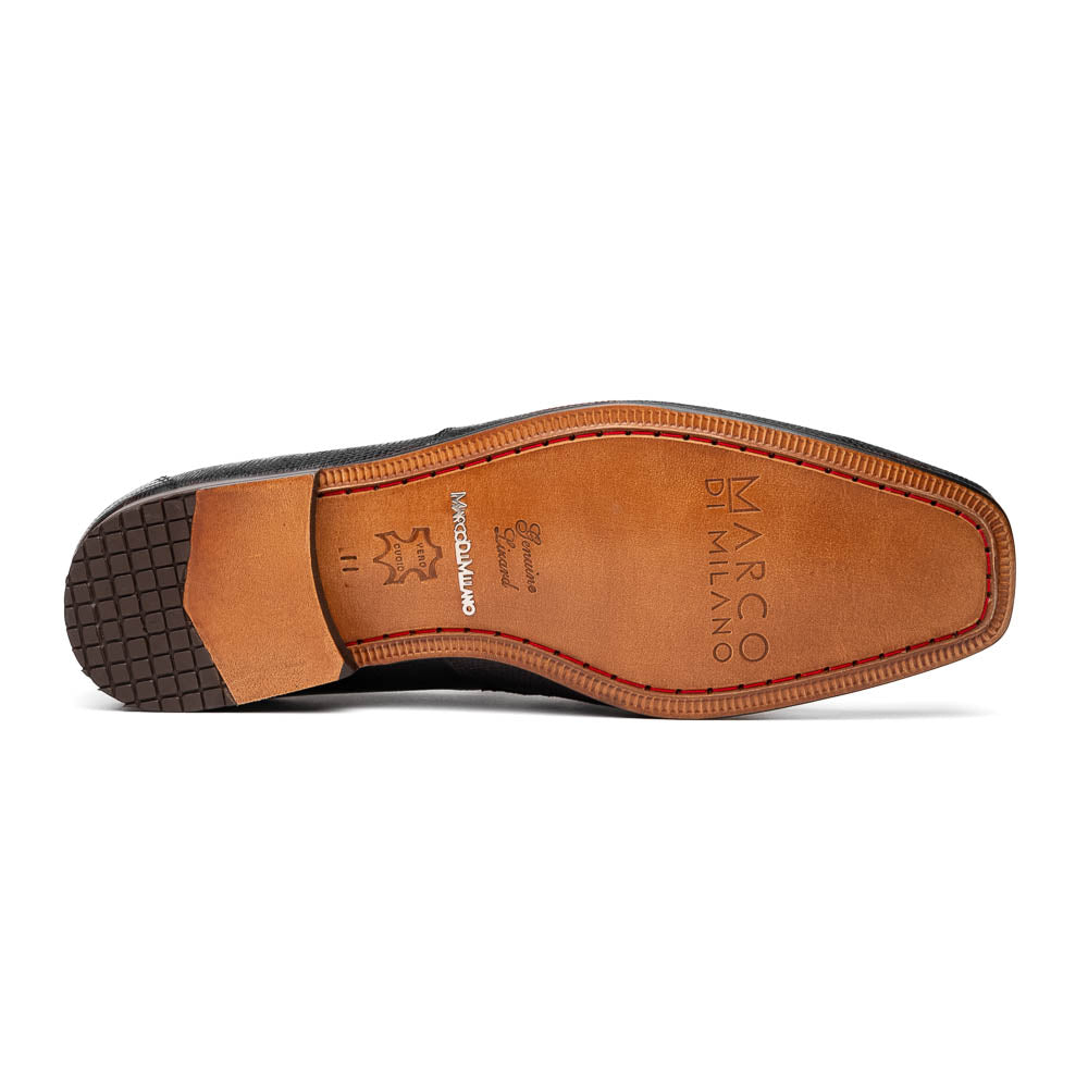 A pair of Marco Di Milano Fabro-Liz Black genuine lizard loafers, featuring textured leather, metal accents, and brown soles—one upright, the other on its side showing the luxury men's shoes branding on the sole.