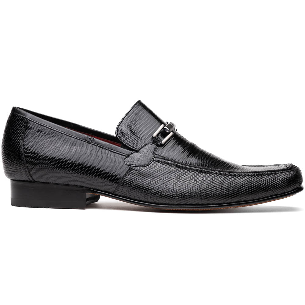A pair of Marco Di Milano Fabro-Liz Black genuine lizard loafers, featuring textured leather, metal accents, and brown soles—one upright, the other on its side showing the luxury men's shoes branding on the sole.