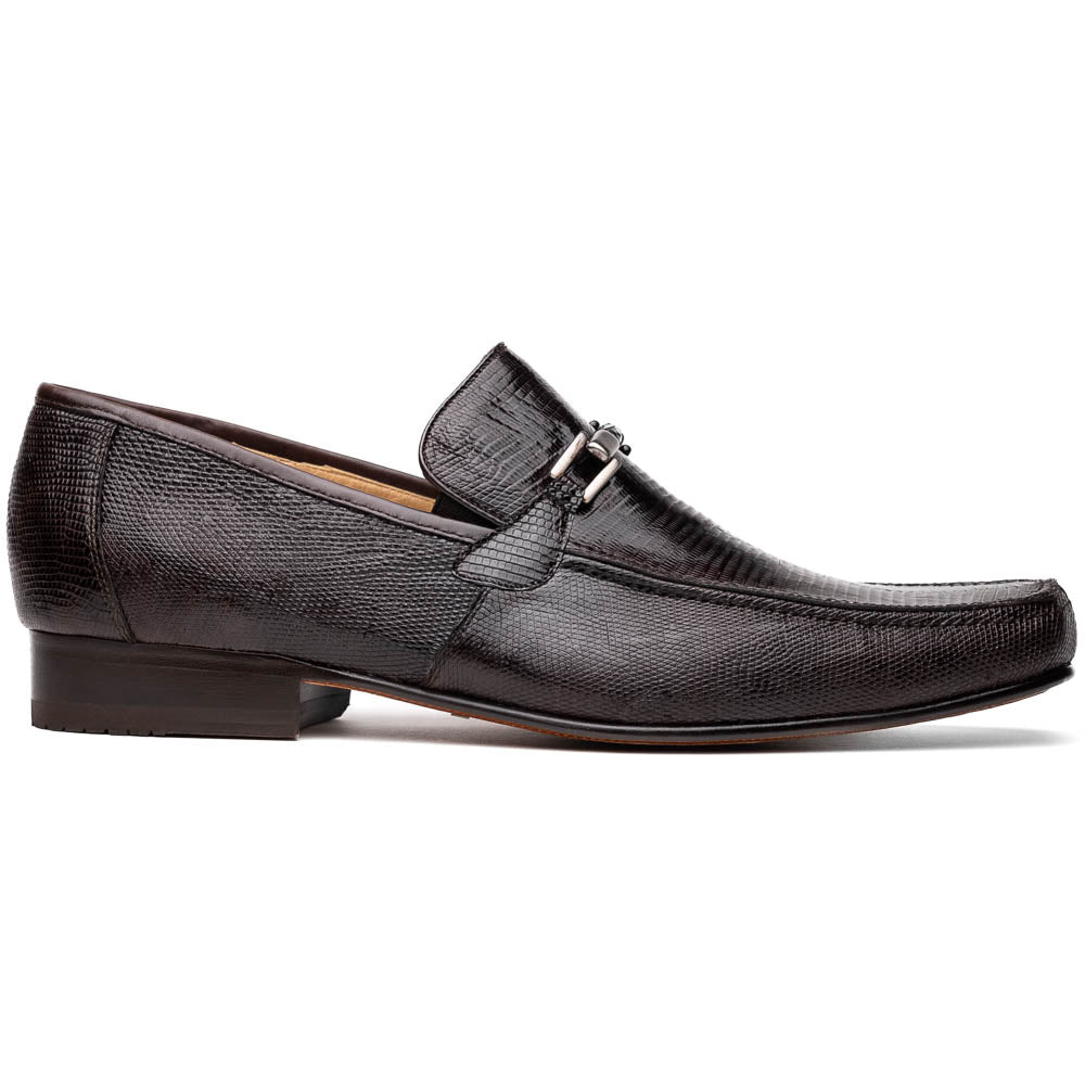 The Marco Di Milano Fabro-Liz Brown loafers feature a textured lizard finish, silver buckle detail, and tan leather soles—ideal for luxury footwear enthusiasts.