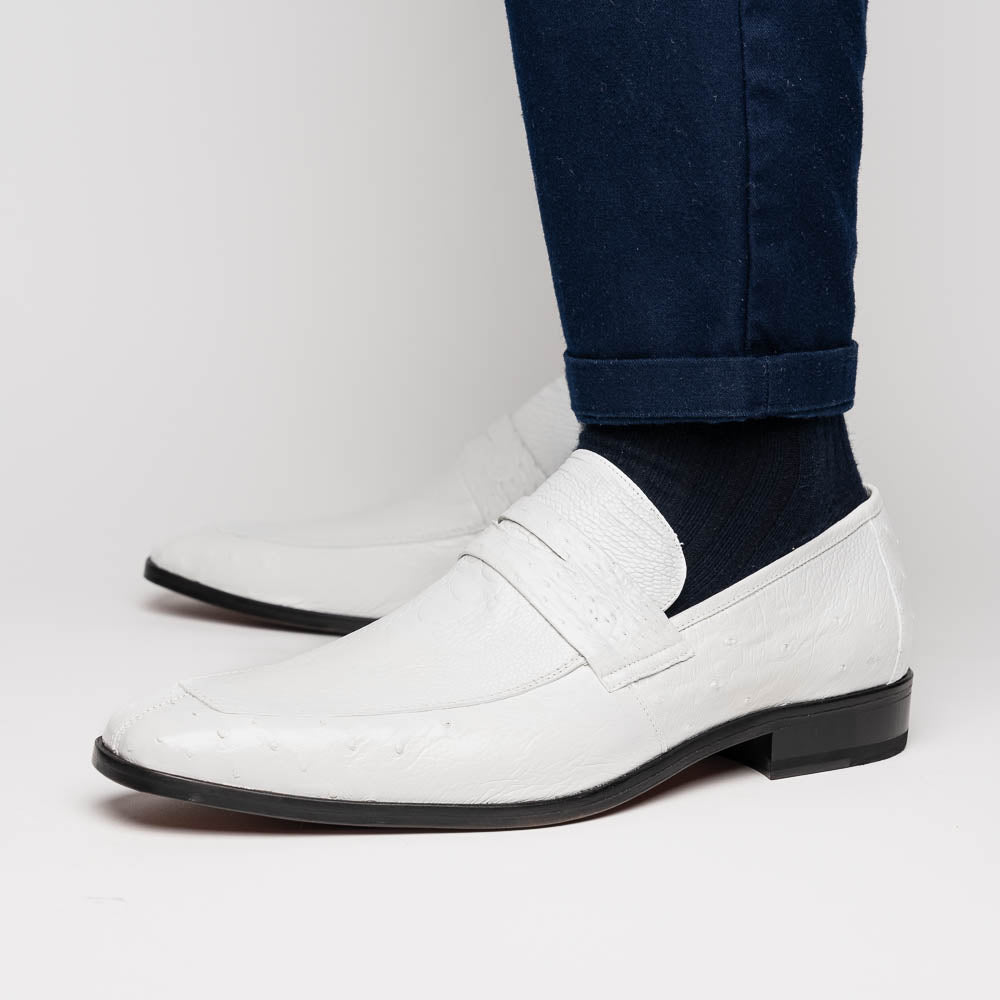 The Marco Di Milano Fangio White men's loafers feature luxurious white genuine ostrich leather with a textured finish; one stands upright, the other on its side to showcase a rich brown leather sole.