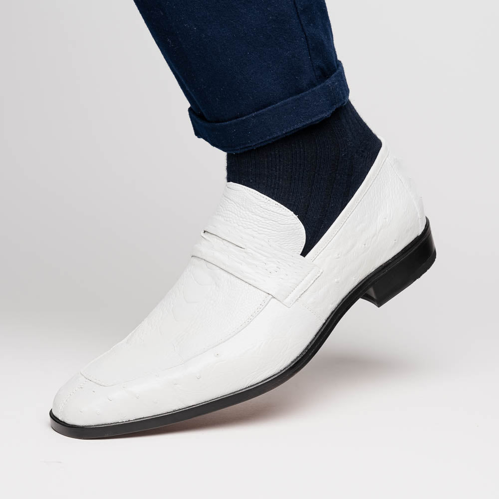 The Marco Di Milano Fangio White men's loafers feature luxurious white genuine ostrich leather with a textured finish; one stands upright, the other on its side to showcase a rich brown leather sole.