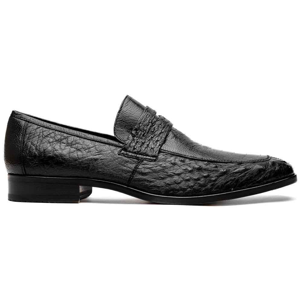 The Fangio Black by Marco Di Milano: a pair of black textured leather loafers, one upright and one sole-up, displaying the brand on the tan sole—luxury men's footwear to elevate any look.