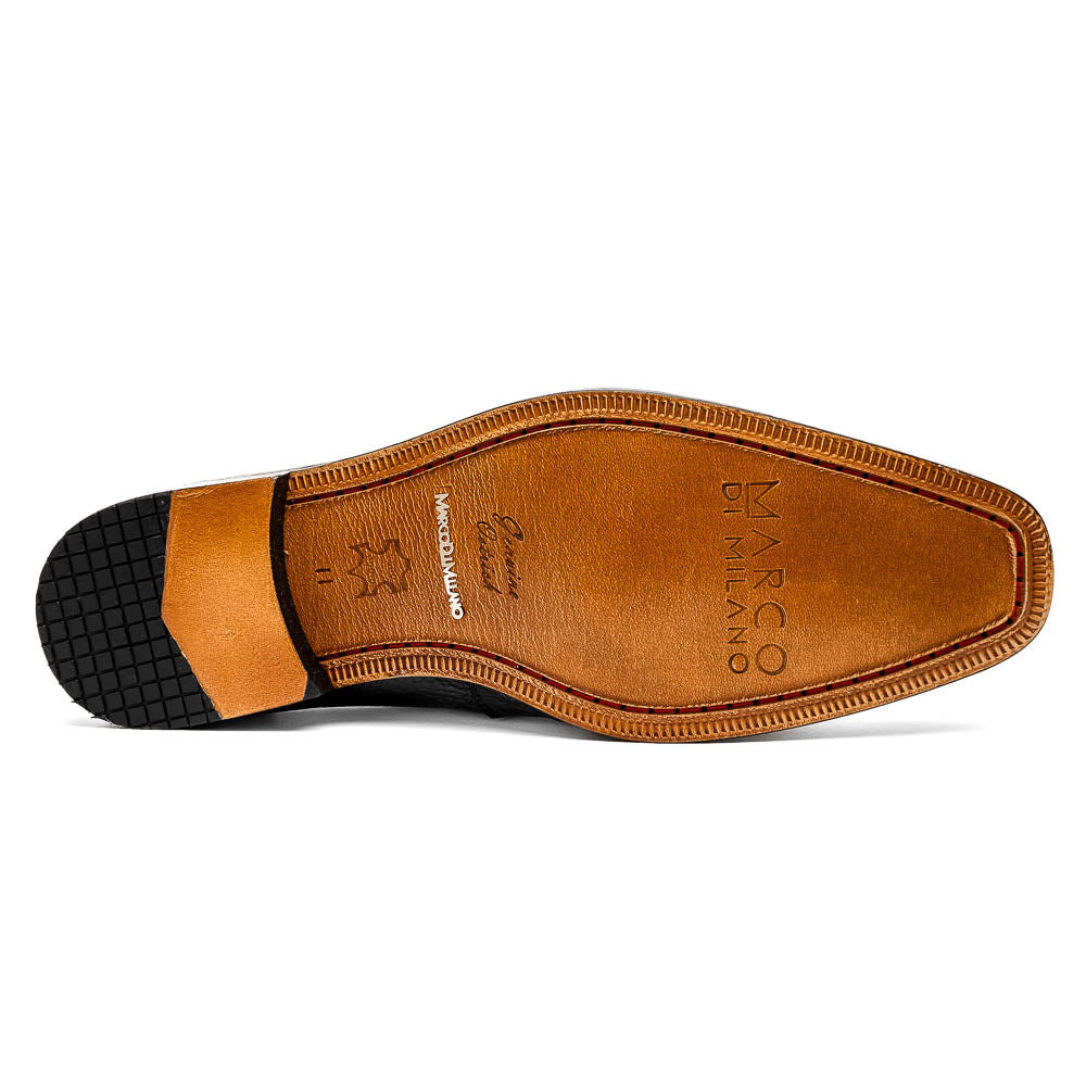 The Fangio Black by Marco Di Milano: a pair of black textured leather loafers, one upright and one sole-up, displaying the brand on the tan sole—luxury men's footwear to elevate any look.