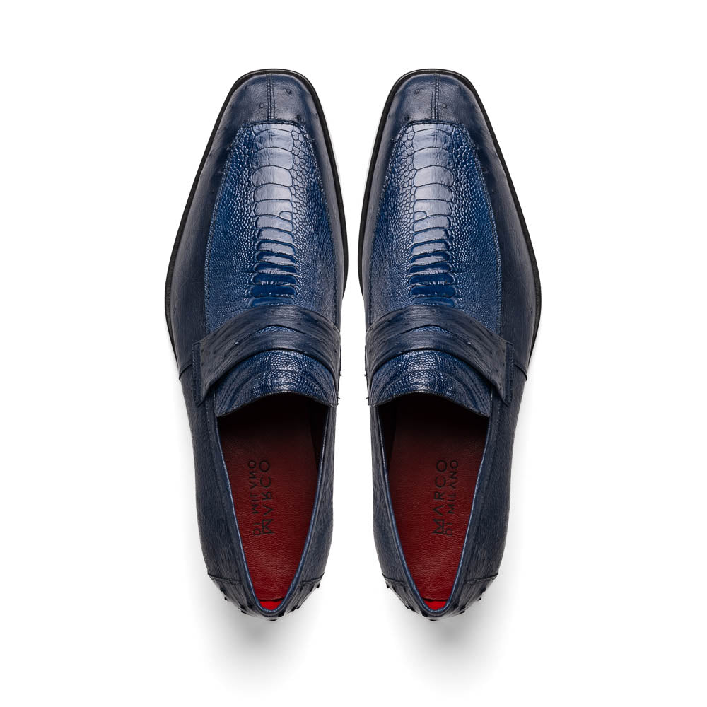 The Marco Di Milano Fangio Denim Blue features genuine ostrich loafers with textured blue uppers and red lining—one upright, one on its side displaying the sole—a standout addition to any luxury men’s footwear collection.