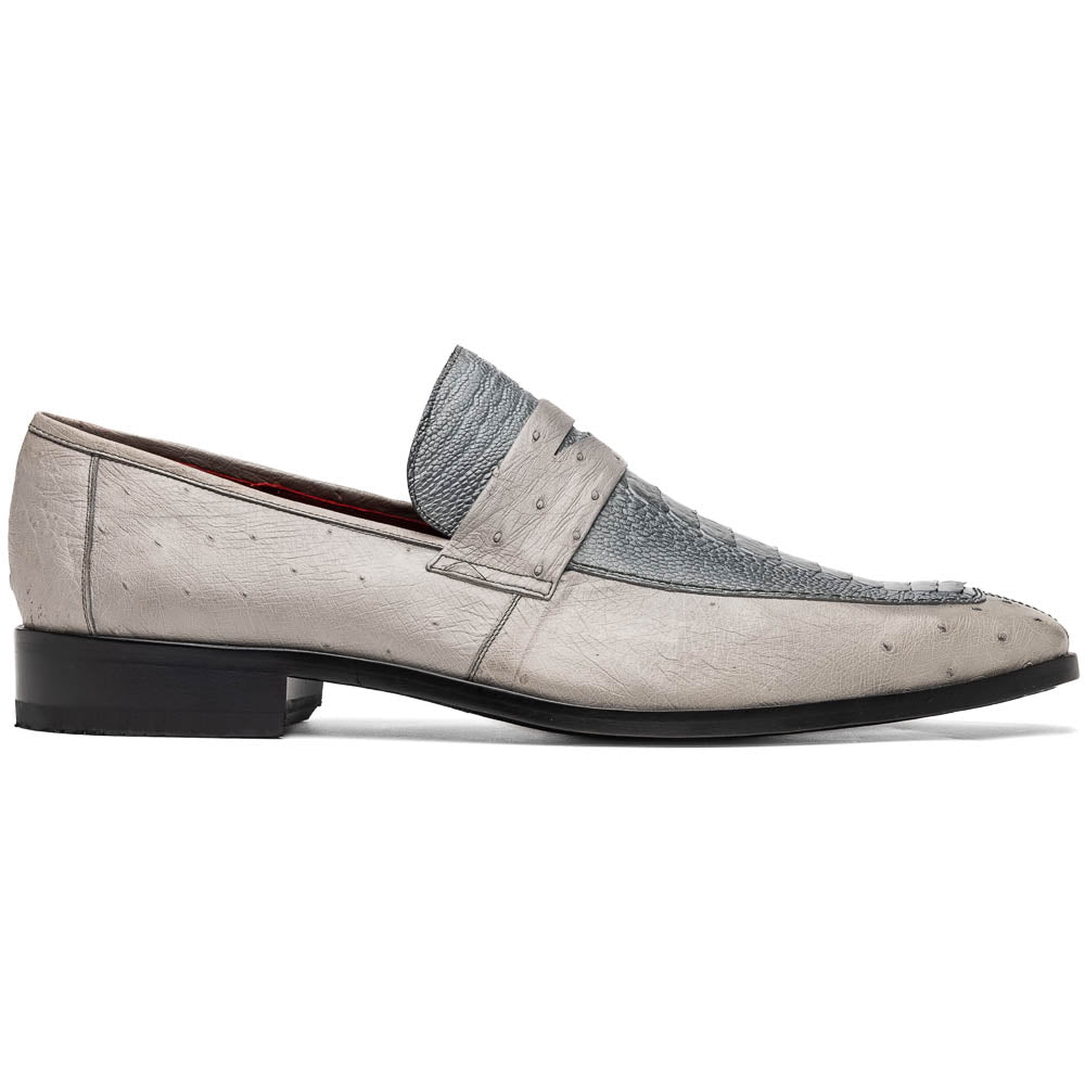 A pair of Marco Di Milano Fangio Gray formal slip-on dress shoes with textured leather and a hand-painted finish, one upright and the other on its side displaying the sole.