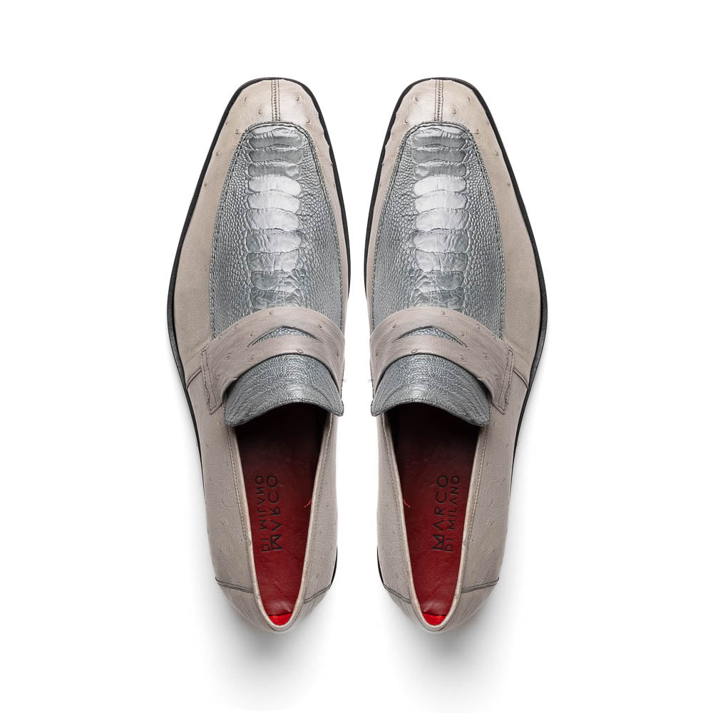 A pair of Marco Di Milano Fangio Gray formal slip-on dress shoes with textured leather and a hand-painted finish, one upright and the other on its side displaying the sole.