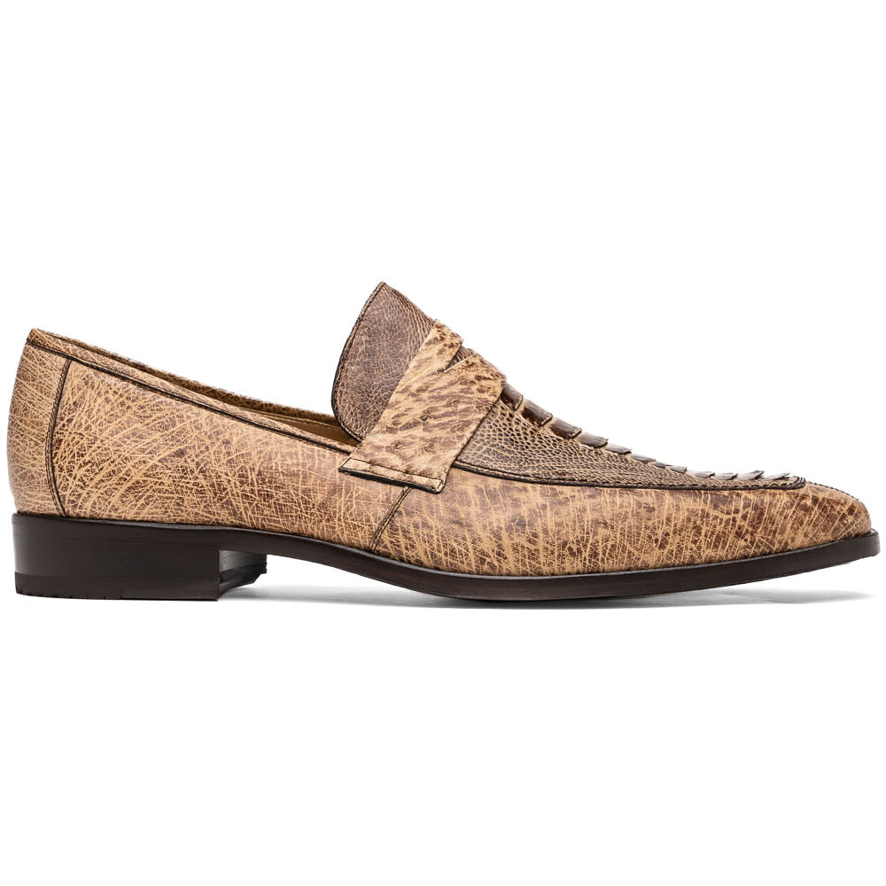 The Fangio Orix by Marco Di Milano: tan textured genuine ostrich loafers with dark brown soles, one upright and one on its side to display the sole—luxury men's shoes with hand-painted finishes.