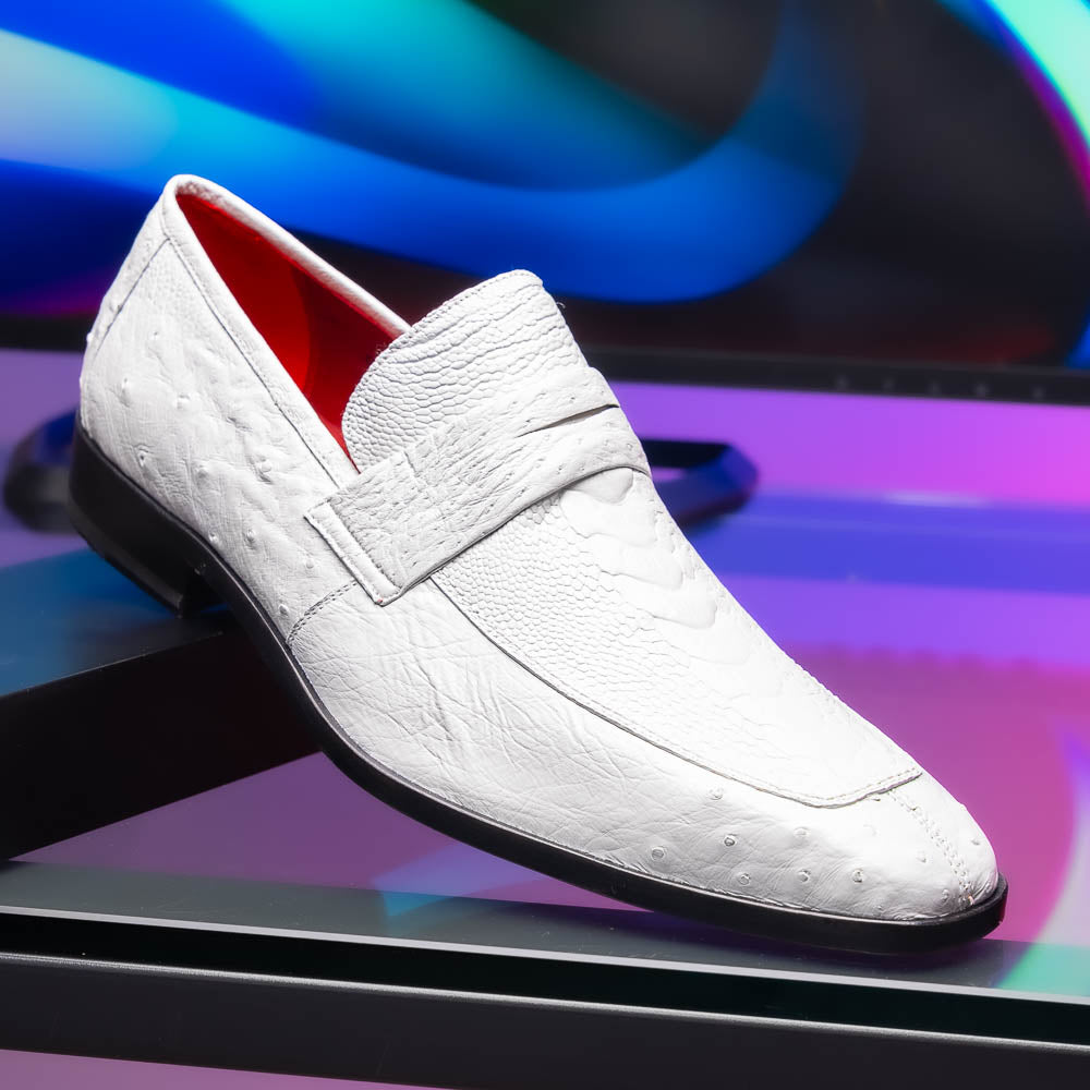 The Marco Di Milano Fangio White men's loafers feature luxurious white genuine ostrich leather with a textured finish; one stands upright, the other on its side to showcase a rich brown leather sole.