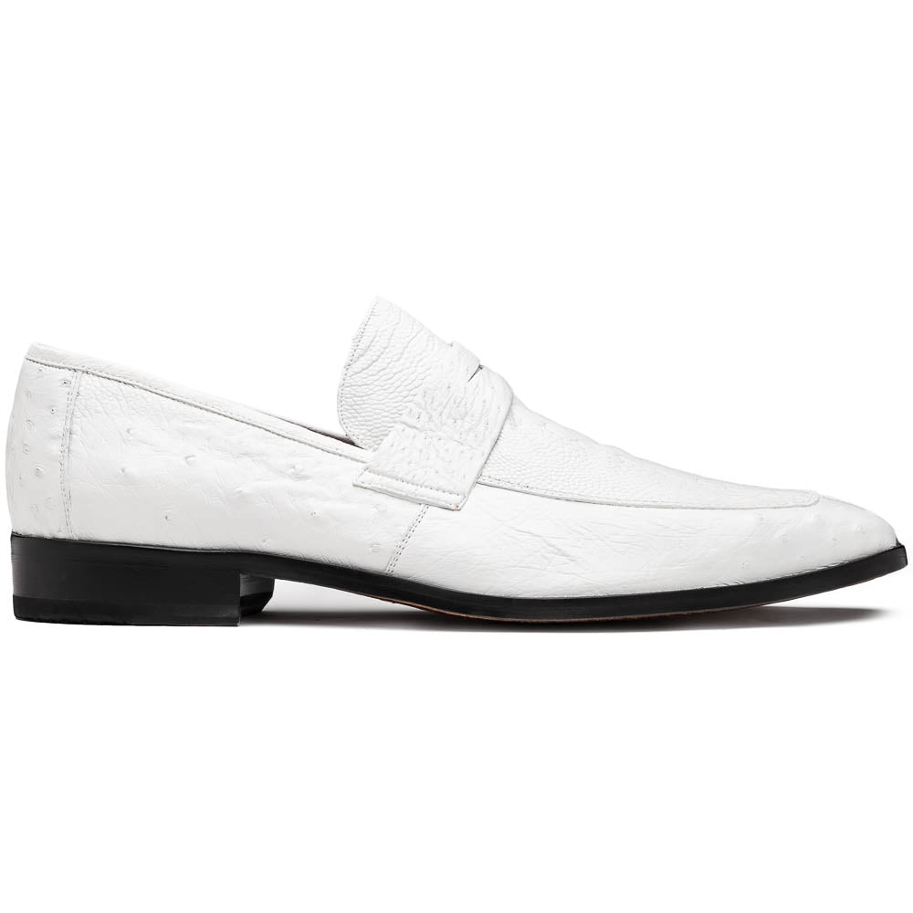 The Marco Di Milano Fangio White men's loafers feature luxurious white genuine ostrich leather with a textured finish; one stands upright, the other on its side to showcase a rich brown leather sole.