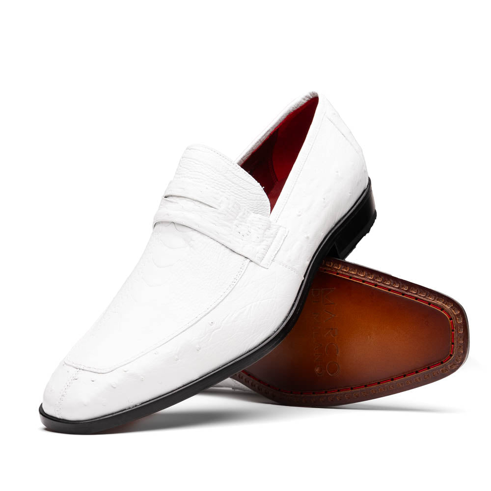 The Marco Di Milano Fangio White men's loafers feature luxurious white genuine ostrich leather with a textured finish; one stands upright, the other on its side to showcase a rich brown leather sole.