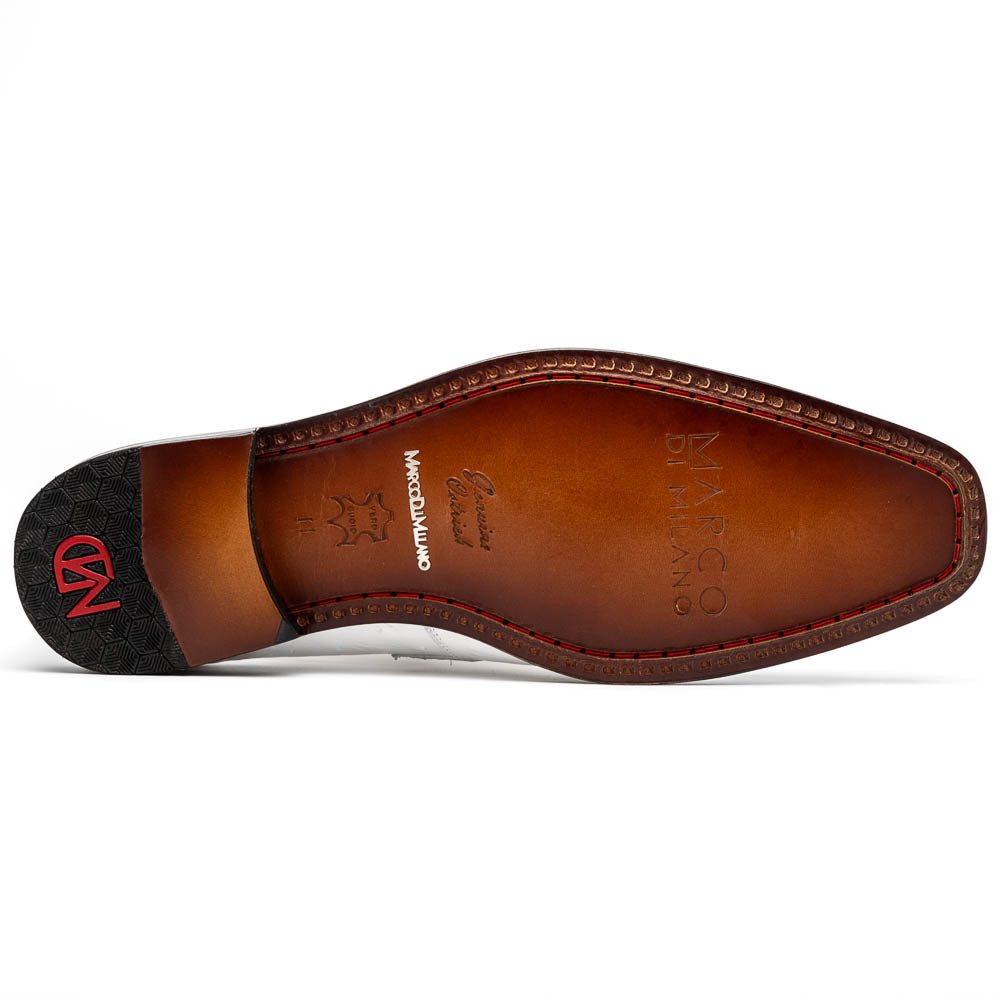 The Marco Di Milano Fangio White men's loafers feature luxurious white genuine ostrich leather with a textured finish; one stands upright, the other on its side to showcase a rich brown leather sole.