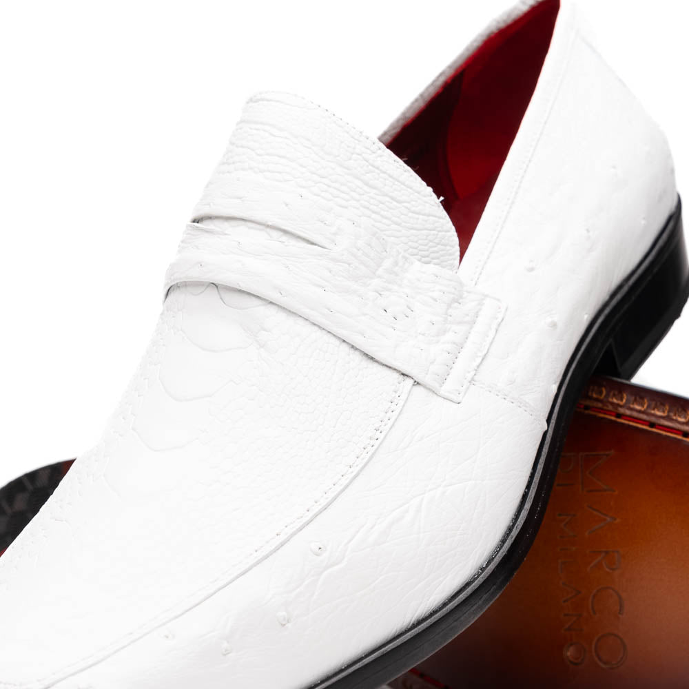 The Marco Di Milano Fangio White men's loafers feature luxurious white genuine ostrich leather with a textured finish; one stands upright, the other on its side to showcase a rich brown leather sole.