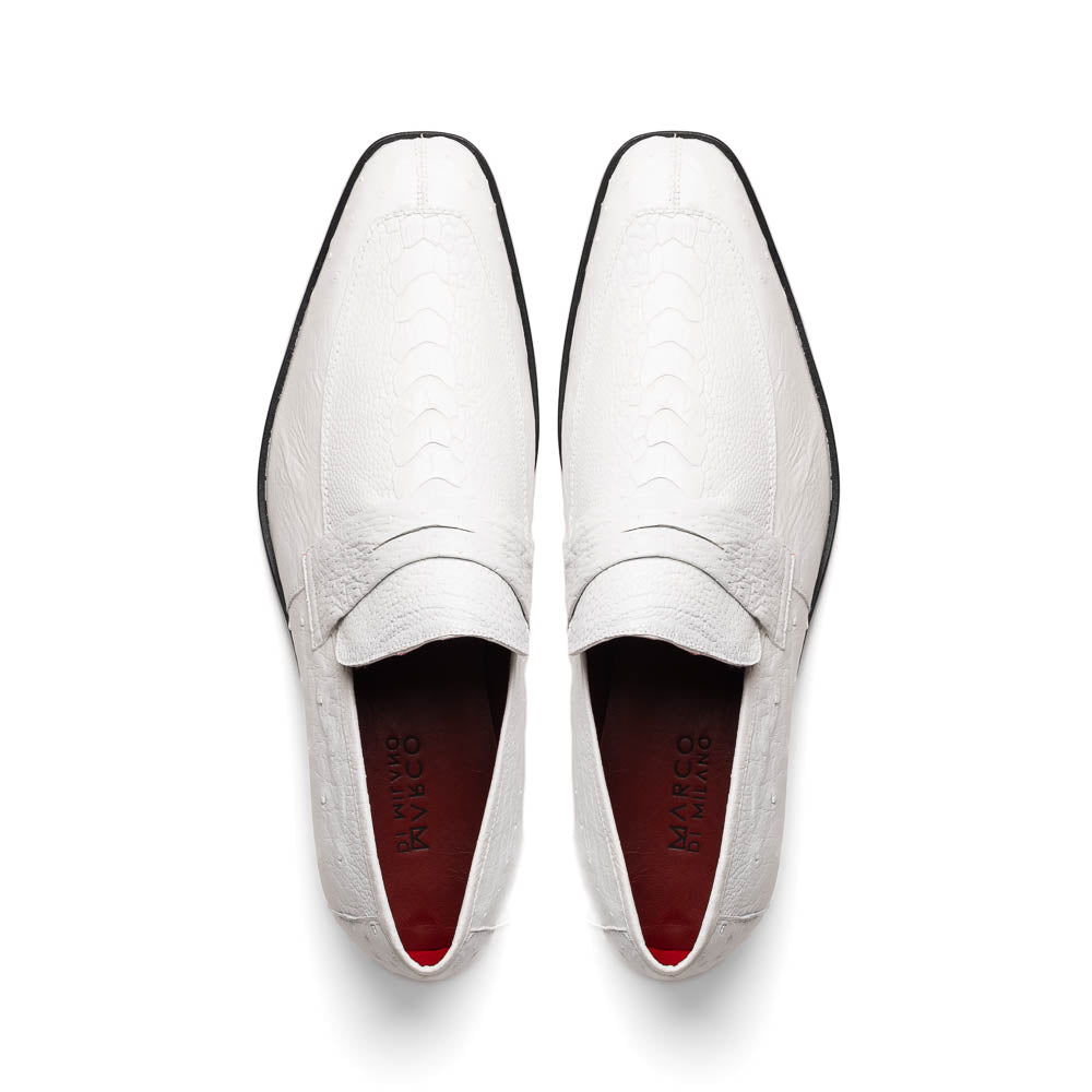 The Marco Di Milano Fangio White men's loafers feature luxurious white genuine ostrich leather with a textured finish; one stands upright, the other on its side to showcase a rich brown leather sole.