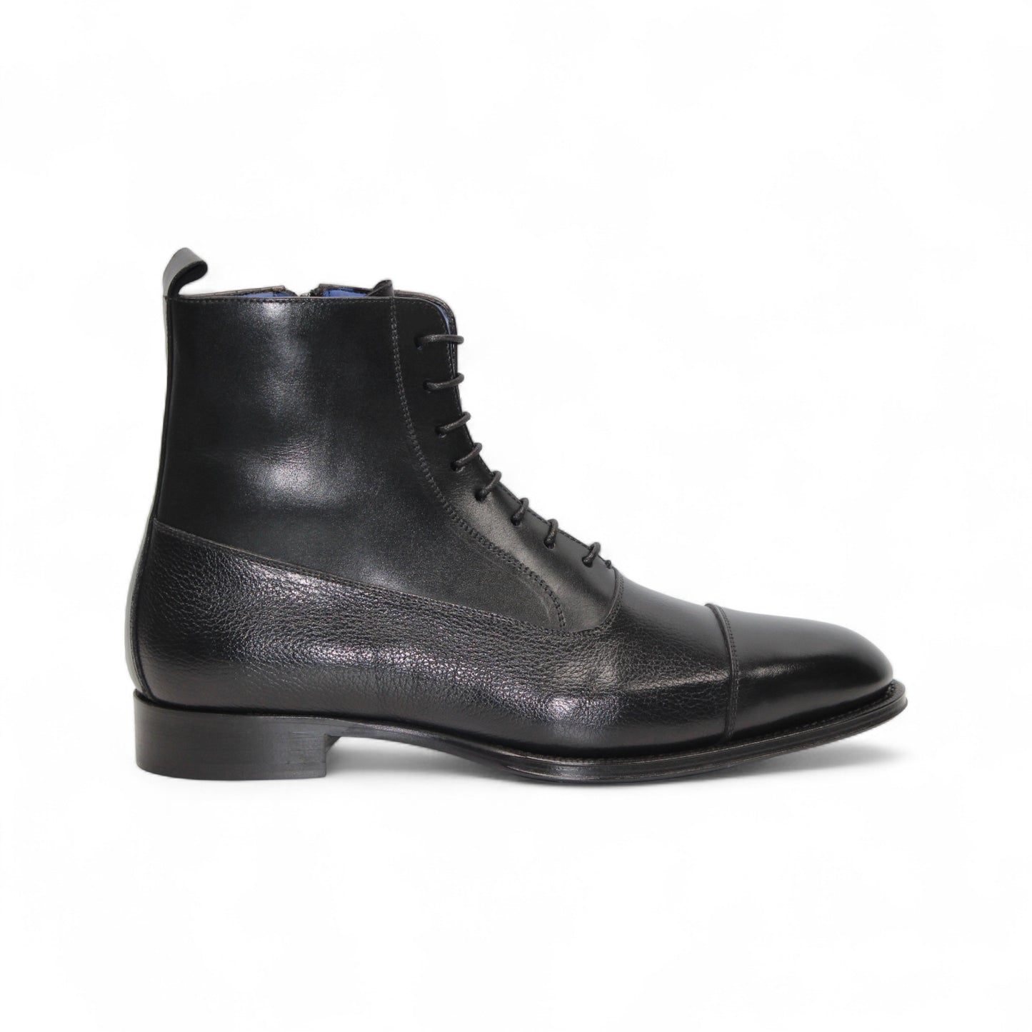 The Emilio Franco Fausto Black is a handcrafted Italian leather lace-up dress boot with a cap toe, side zipper, and low heel by Emilio Franco, shown in profile against a white background.