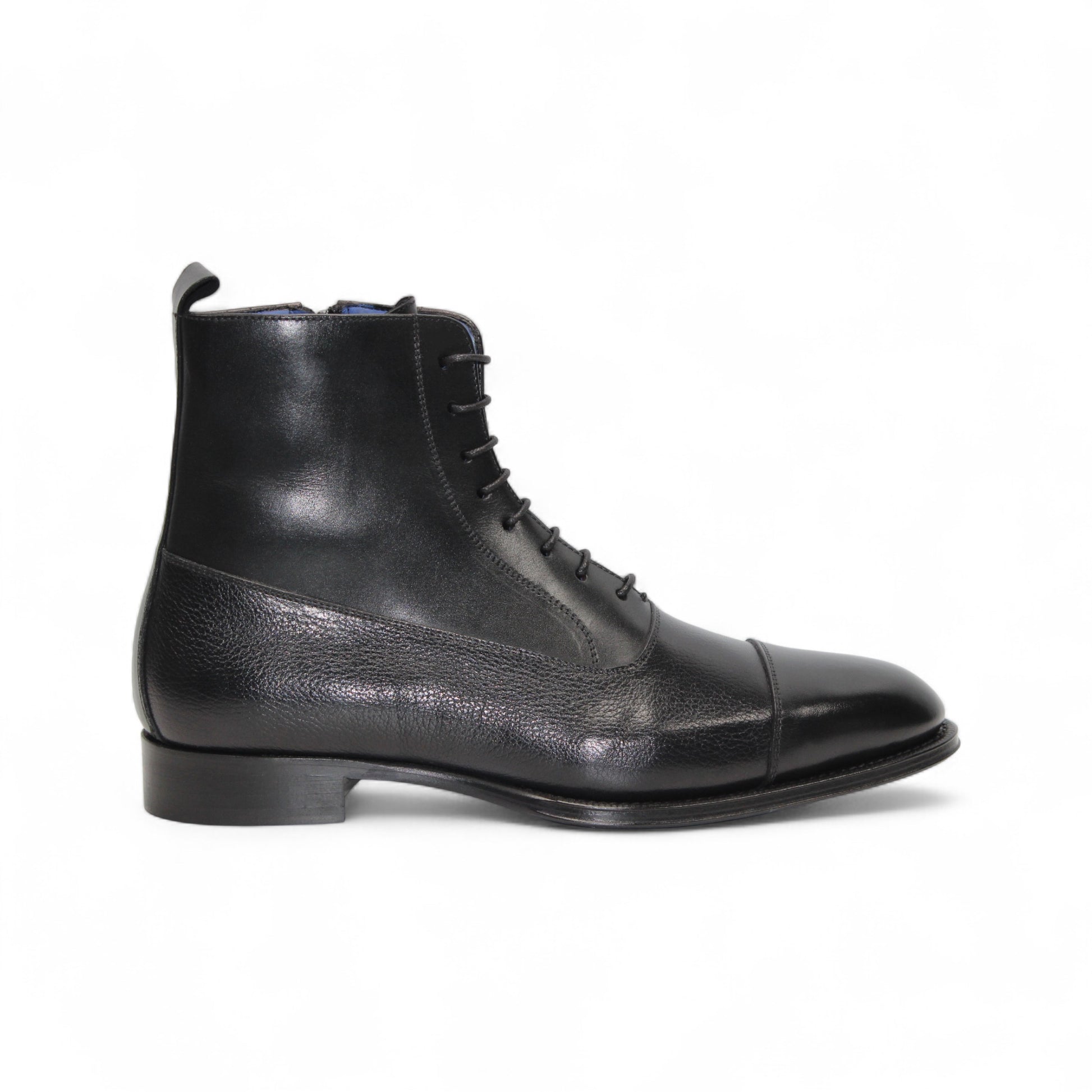 The Emilio Franco Fausto Black is a handcrafted Italian leather lace-up dress boot with a cap toe, side zipper, and low heel by Emilio Franco, shown in profile against a white background.