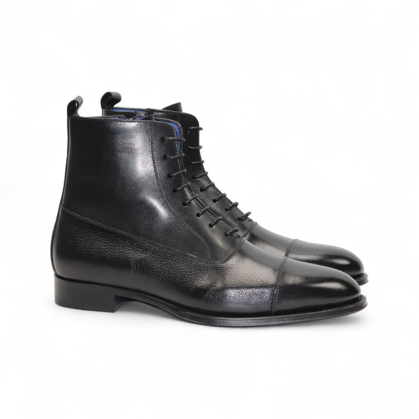 The Emilio Franco Fausto Black is a handcrafted Italian leather lace-up dress boot with a cap toe, side zipper, and low heel by Emilio Franco, shown in profile against a white background.