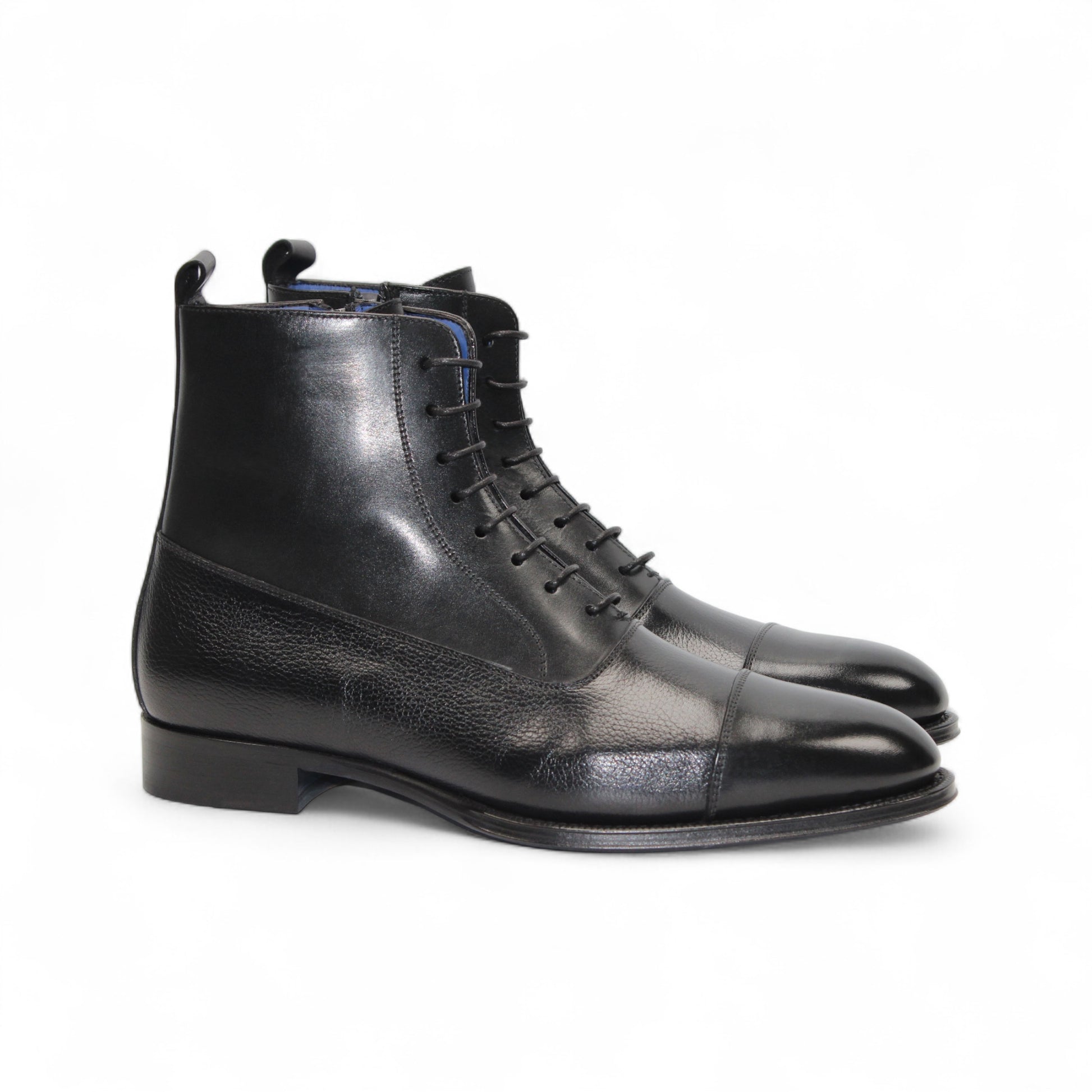 The Emilio Franco Fausto Black is a handcrafted Italian leather lace-up dress boot with a cap toe, side zipper, and low heel by Emilio Franco, shown in profile against a white background.