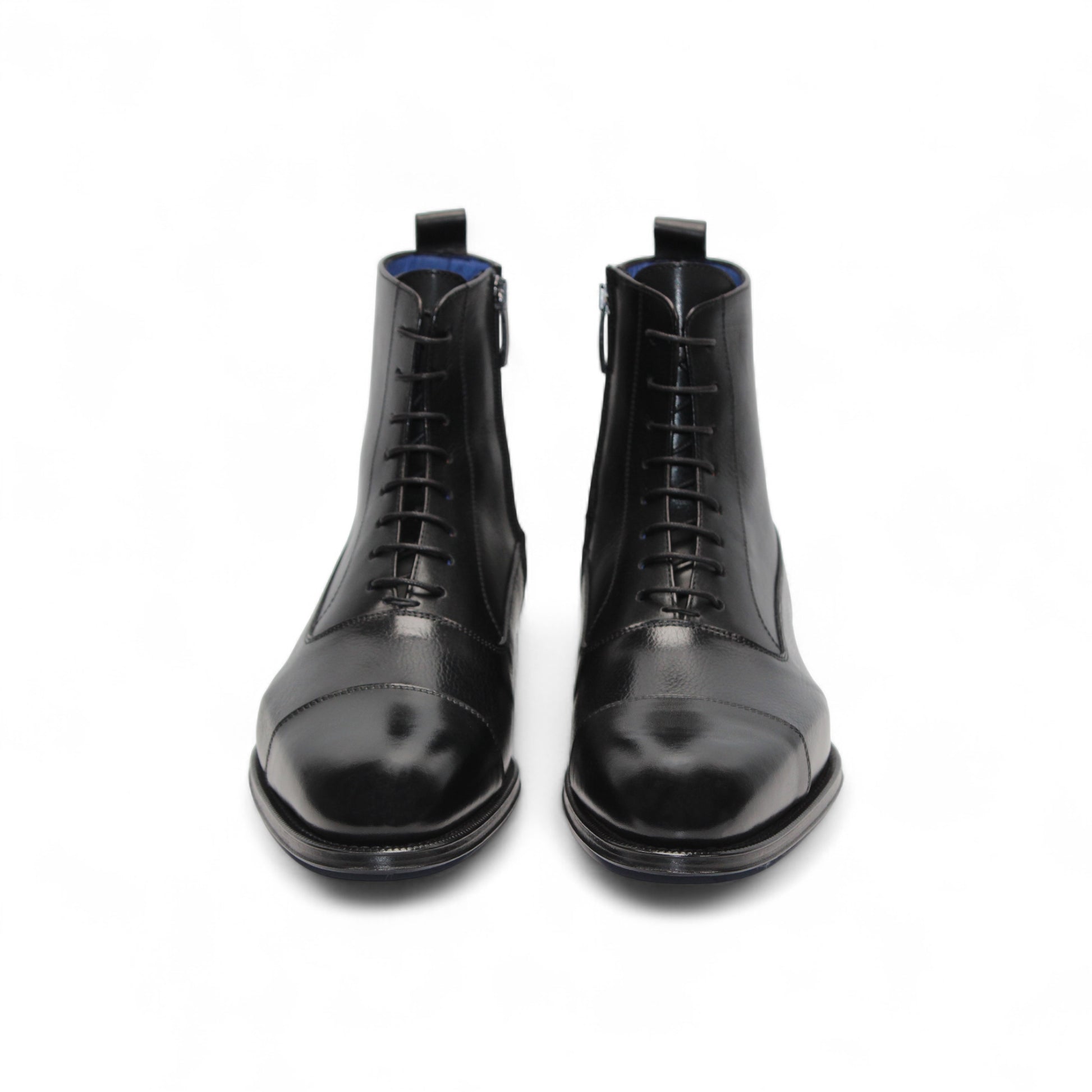 The Emilio Franco Fausto Black is a handcrafted Italian leather lace-up dress boot with a cap toe, side zipper, and low heel by Emilio Franco, shown in profile against a white background.
