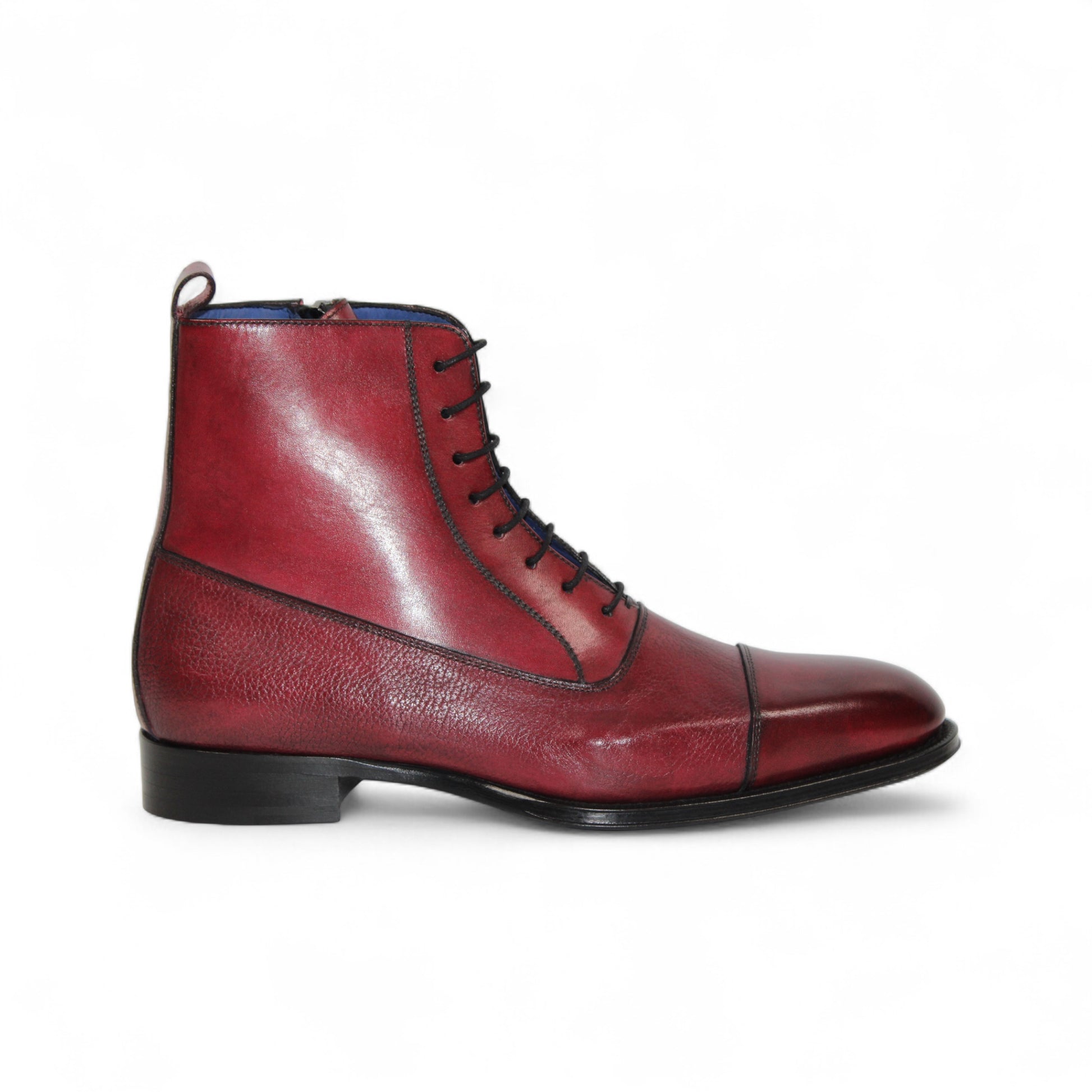 The Emilio Franco Fausto Antique Red, a red leather lace-up ankle boot by Emilio Franco with a low heel, cap toe, and side zipper, is shown in left side profile against a white background.