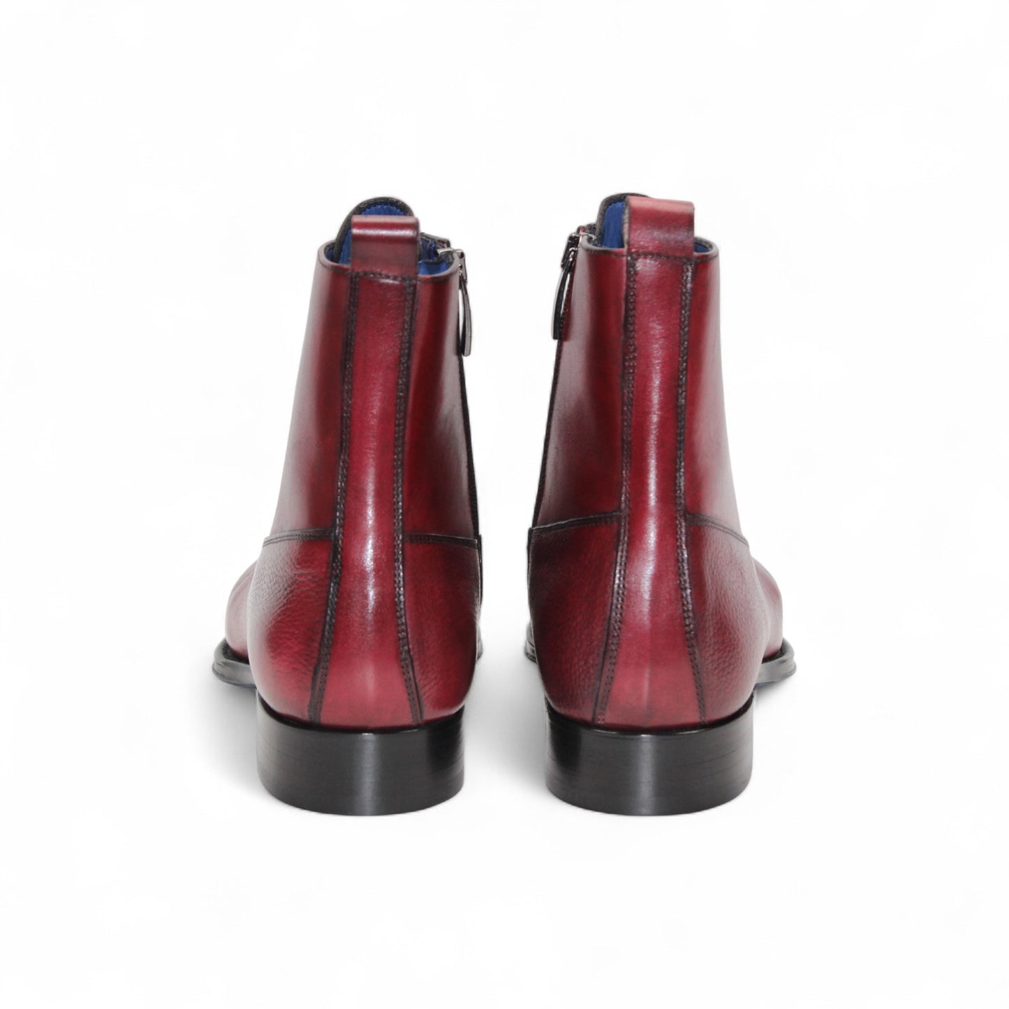 The Emilio Franco Fausto Antique Red, a red leather lace-up ankle boot by Emilio Franco with a low heel, cap toe, and side zipper, is shown in left side profile against a white background.