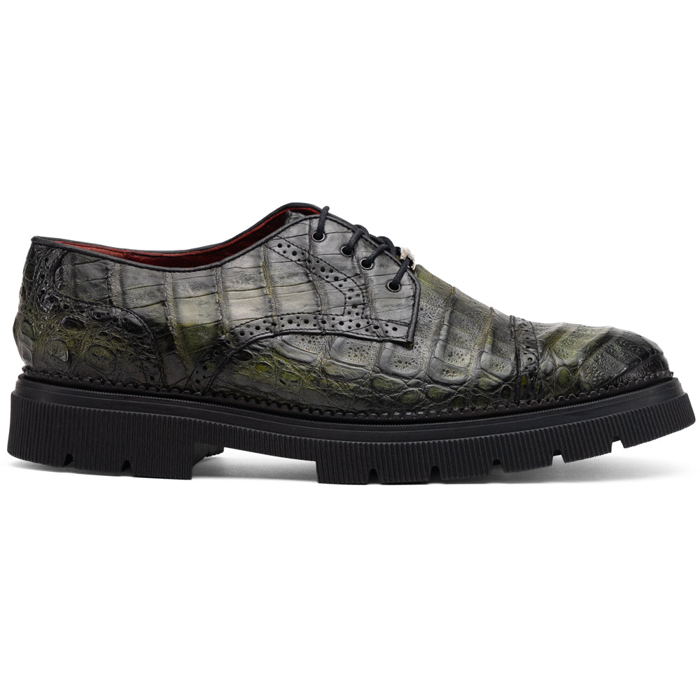 Ferrara Dark Green oxford in dark green textured leather with black laces and a thick lugged rubber sole, ideal for dress-casual wear.