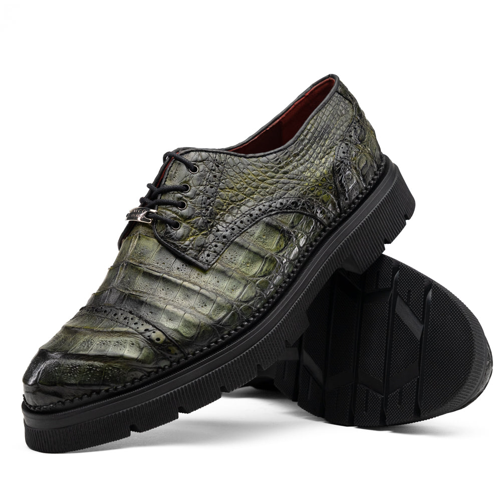 Ferrara Dark Green oxford in dark green textured leather with black laces and a thick lugged rubber sole, ideal for dress-casual wear.