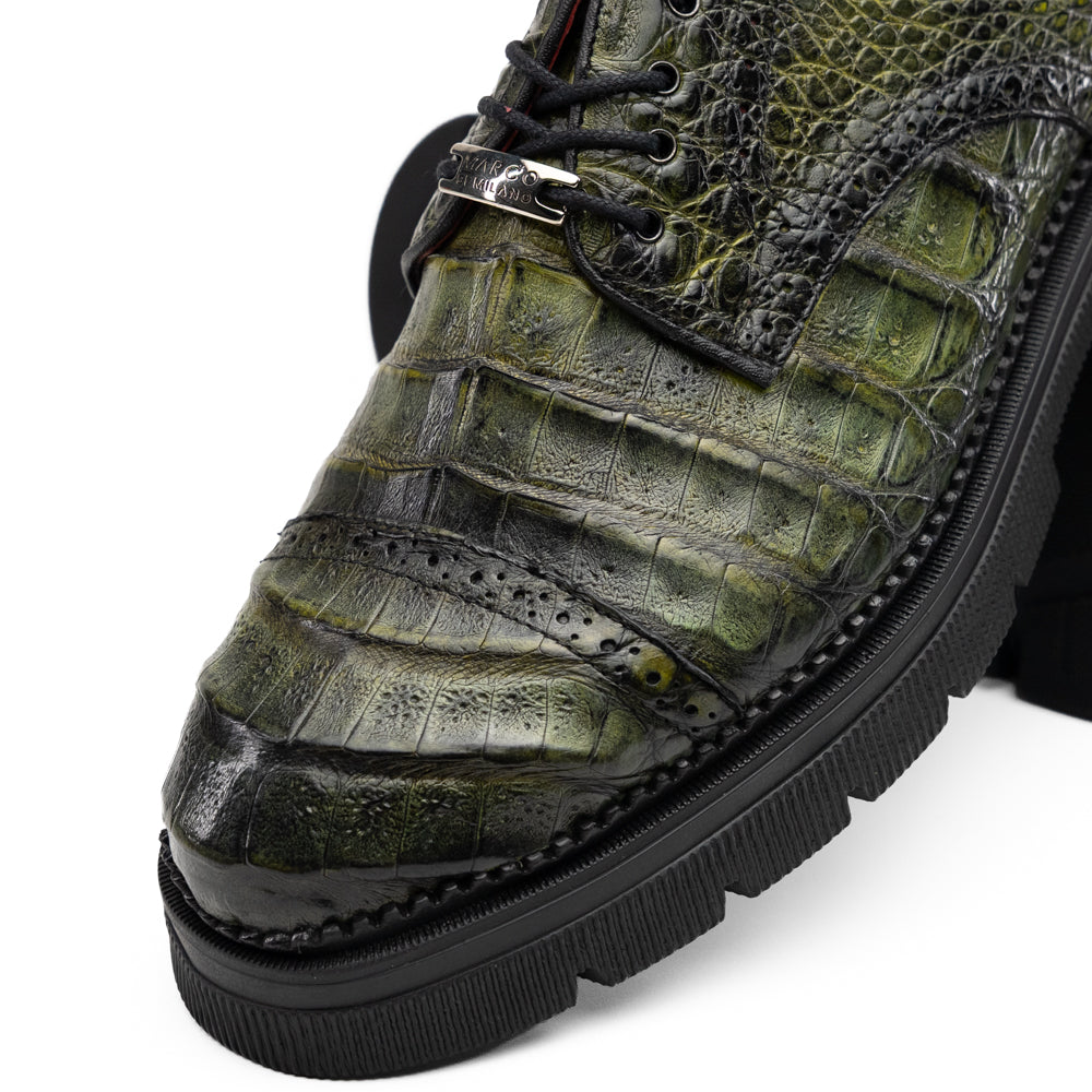 Ferrara Dark Green oxford in dark green textured leather with black laces and a thick lugged rubber sole, ideal for dress-casual wear.