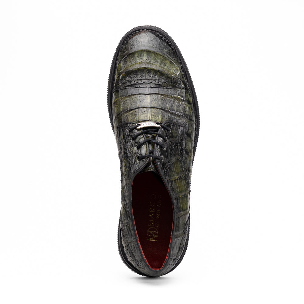 Ferrara Dark Green oxford in dark green textured leather with black laces and a thick lugged rubber sole, ideal for dress-casual wear.