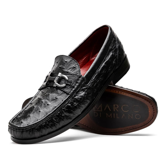 The Marco Di Milano Ferrioni Black: luxury men's loafers in genuine ostrich leather with metal buckles and brown soles, shown both upright and on their side to highlight the branding.