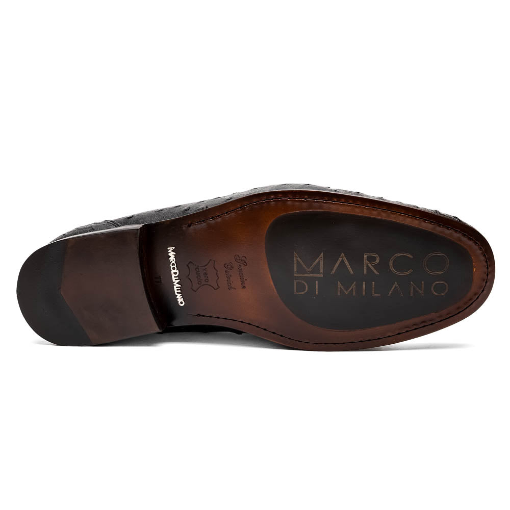 The Marco Di Milano Ferrioni Black: luxury men's loafers in genuine ostrich leather with metal buckles and brown soles, shown both upright and on their side to highlight the branding.