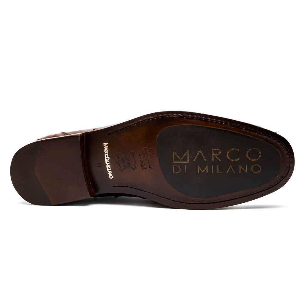 Experience luxury with the Ferrioni Kango Tabac by Marco Di Milano—brown leather men's loafers featuring a textured finish, metal buckle detail, and signature branding on the sole.