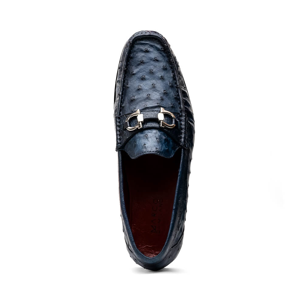 A pair of luxury men's shoes: Ferrioni Navy loafers by Marco Di Milano in genuine ostrich leather, featuring classic bit detail. One shoe is upright, the other shows the sole with "Marco Di Milano" branding.