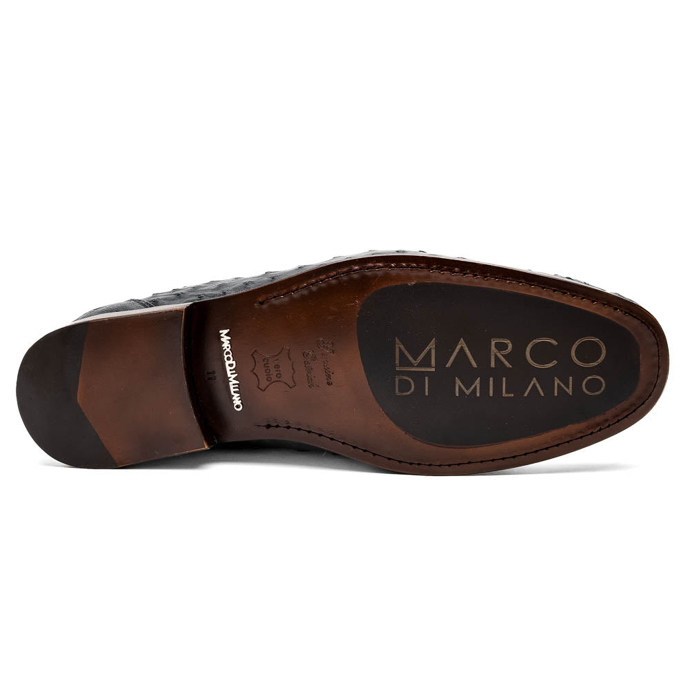 A pair of luxury men's shoes: Ferrioni Navy loafers by Marco Di Milano in genuine ostrich leather, featuring classic bit detail. One shoe is upright, the other shows the sole with "Marco Di Milano" branding.