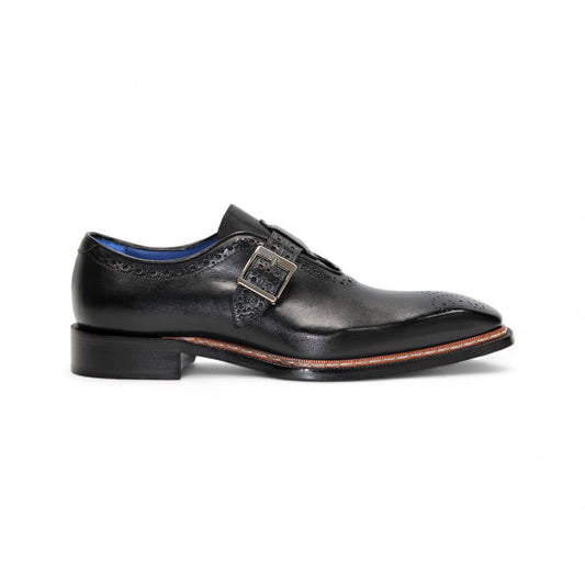 The Emilio Franco Filippo Black is a black Italian leather dress shoe with a single buckle, decorative perforations, and a low heel by Emilio Franco, crafted in Italy and displayed in profile against a white background.