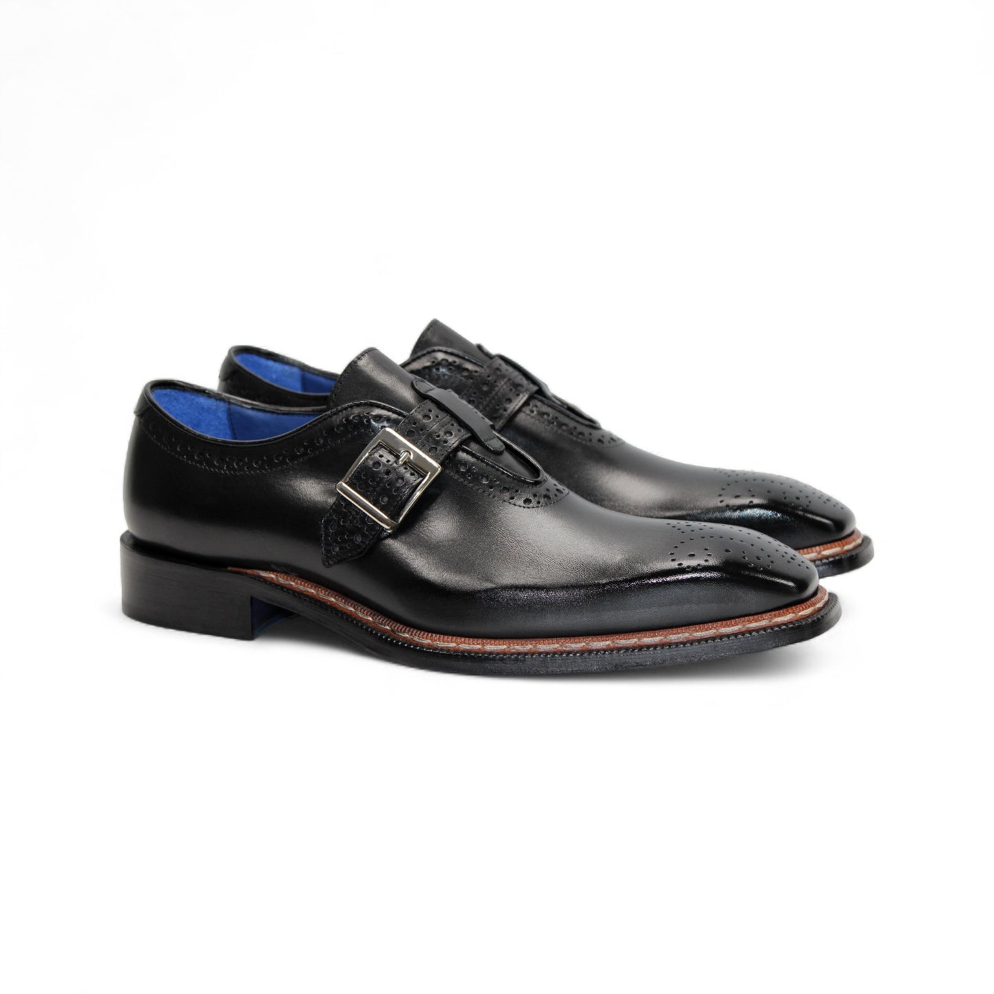 The Emilio Franco Filippo Black is a black Italian leather dress shoe with a single buckle, decorative perforations, and a low heel by Emilio Franco, crafted in Italy and displayed in profile against a white background.