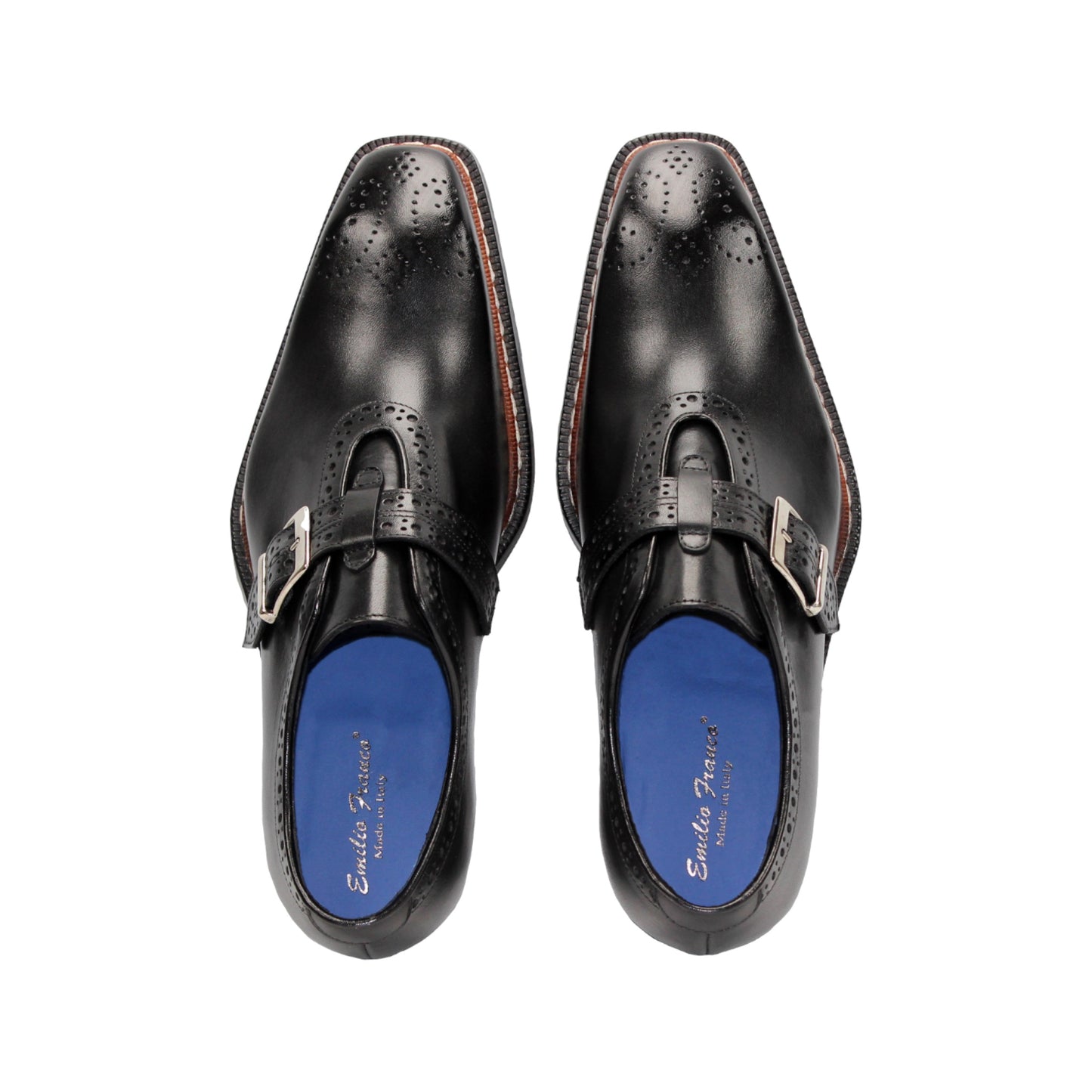 The Emilio Franco Filippo Black is a black Italian leather dress shoe with a single buckle, decorative perforations, and a low heel by Emilio Franco, crafted in Italy and displayed in profile against a white background.