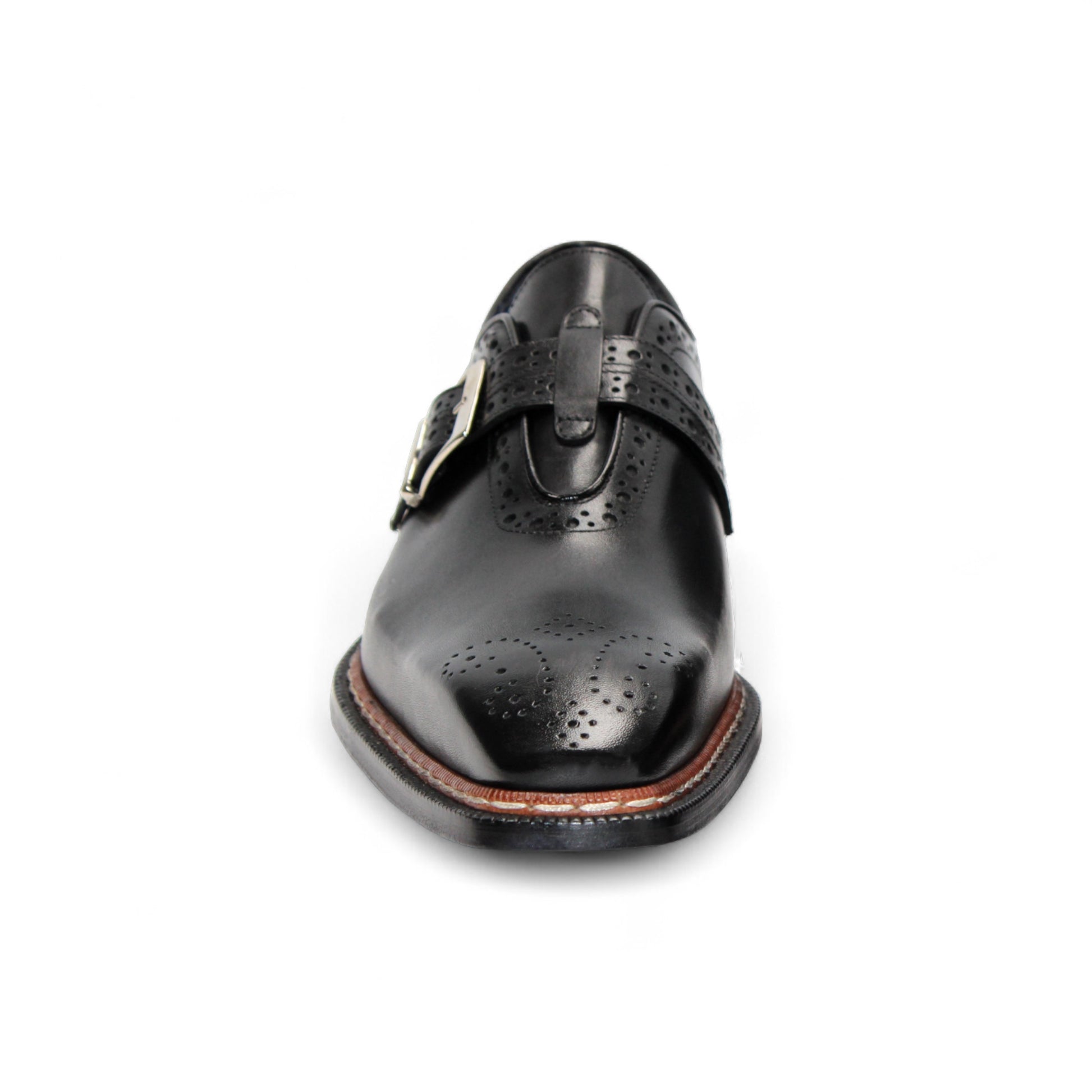 The Emilio Franco Filippo Black is a black Italian leather dress shoe with a single buckle, decorative perforations, and a low heel by Emilio Franco, crafted in Italy and displayed in profile against a white background.