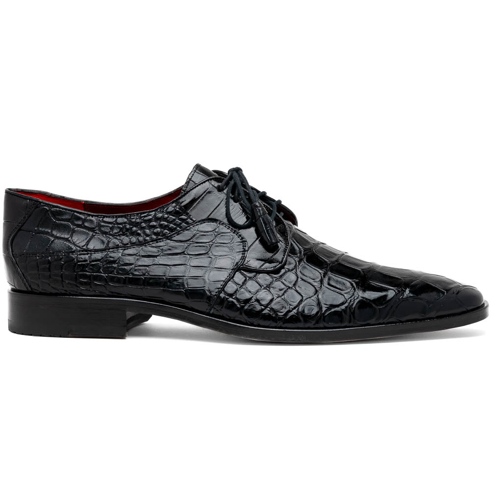 The Fitipaldi Black by Marco Di Milano: luxury black crocodile-patterned leather dress shoes with laces, one upright and one sole up to reveal a hand-painted orange-brown sole.