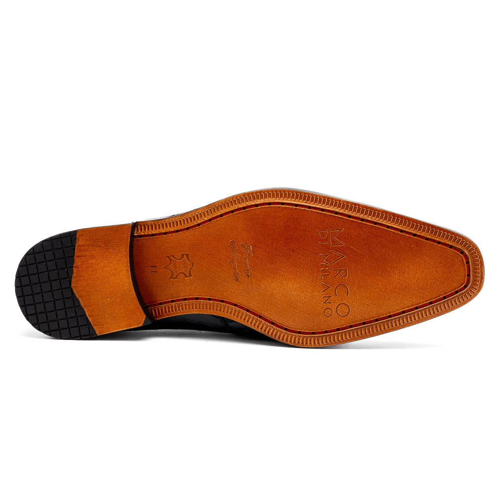 The Fitipaldi Black by Marco Di Milano: luxury black crocodile-patterned leather dress shoes with laces, one upright and one sole up to reveal a hand-painted orange-brown sole.