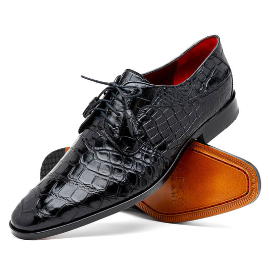 The Fitipaldi Black by Marco Di Milano: luxury black crocodile-patterned leather dress shoes with laces, one upright and one sole up to reveal a hand-painted orange-brown sole.